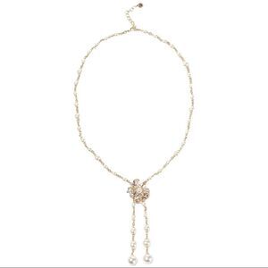 NWOT CHARTER CLUB Gold-Tone Crystal & Imitation Pearl Bow Long Lariat Necklace